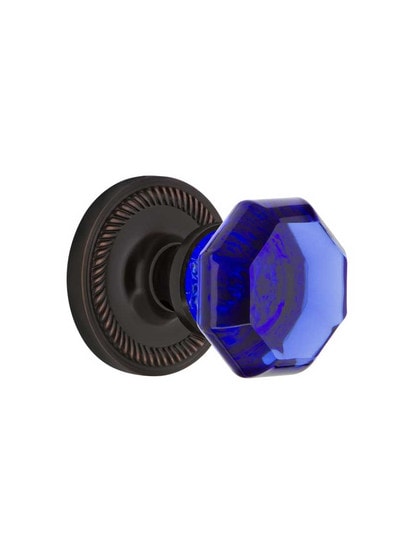 Rope Rosette Door Set with Colored Waldorf Crystal Glass Knobs Cobalt Blue in Timeless Bronze.